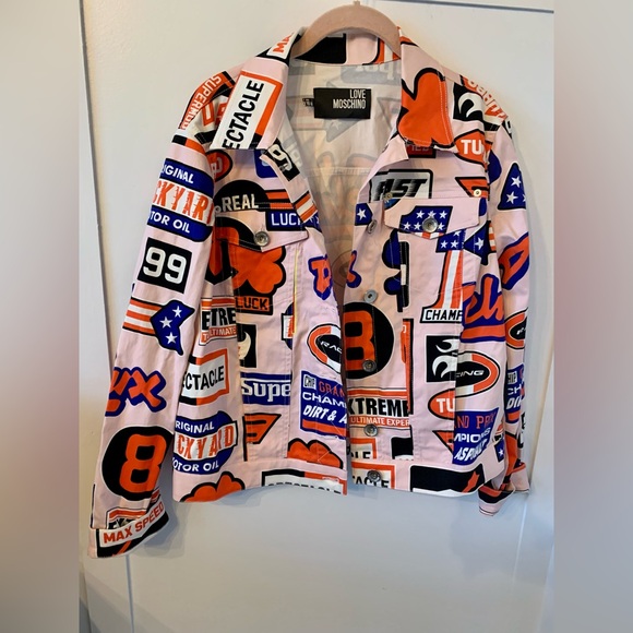 LOVE MOSCHINO Racing, All Over Print, Multicolored Bold Moto Style Fun Jacket,10 - Picture 1 of 14